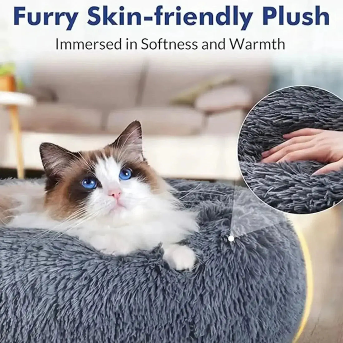 Fluffy calming pet bed with a sleeping cat, offering comfort and security for pets.